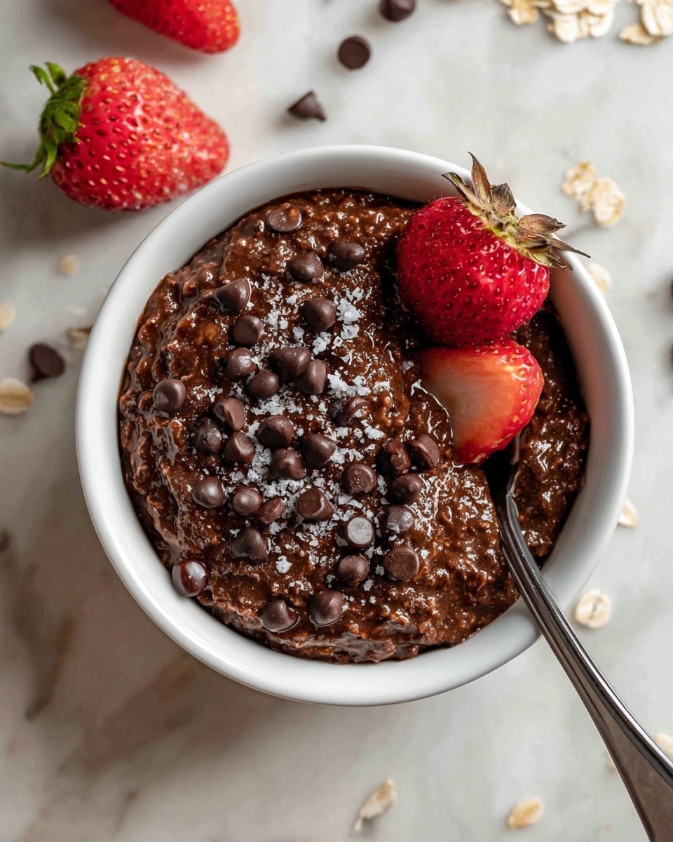 A white ramekin bowl filled with a dark brown chocolate oatmeal pudding topped thickly with many shiny chocolate chips scattered on top and some sprinkled coarse sea salt. One layer of fresh, bright red strawberries, some whole and one half with green leaves, sits on the edge. A silver spoon scoops into the pudding, creating texture with oats visible inside. The bowl rests on a wooden board, with a small white bowl of chocolate chips and some scattered strawberries around. The surface beneath is white marble with a few oats sprinkled, photo taken with an iphone --ar 4:5 --v 7