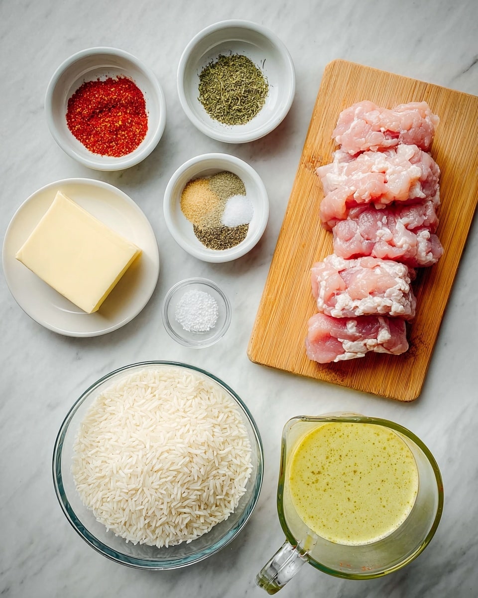 The image shows a top view of cooking ingredients arranged neatly on a white marbled surface. In the top right corner, raw light pink meat slices are stacked on a wooden cutting board. Surrounding this are small white bowls with green dried herbs, red paprika powder, a pale powder, and a mix of salt and black pepper. A white bowl contains a block of pale yellow butter. Below the butter, a clear glass bowl is filled with uncooked white rice. To the right of the rice, a clear measuring jug contains a creamy yellow liquid with green specks. Another clear bowl with a light greenish liquid is placed in the top left area. The composition is clean and orderly, with soft natural lighting. Photo taken with an iphone --ar 4:5 --v 7