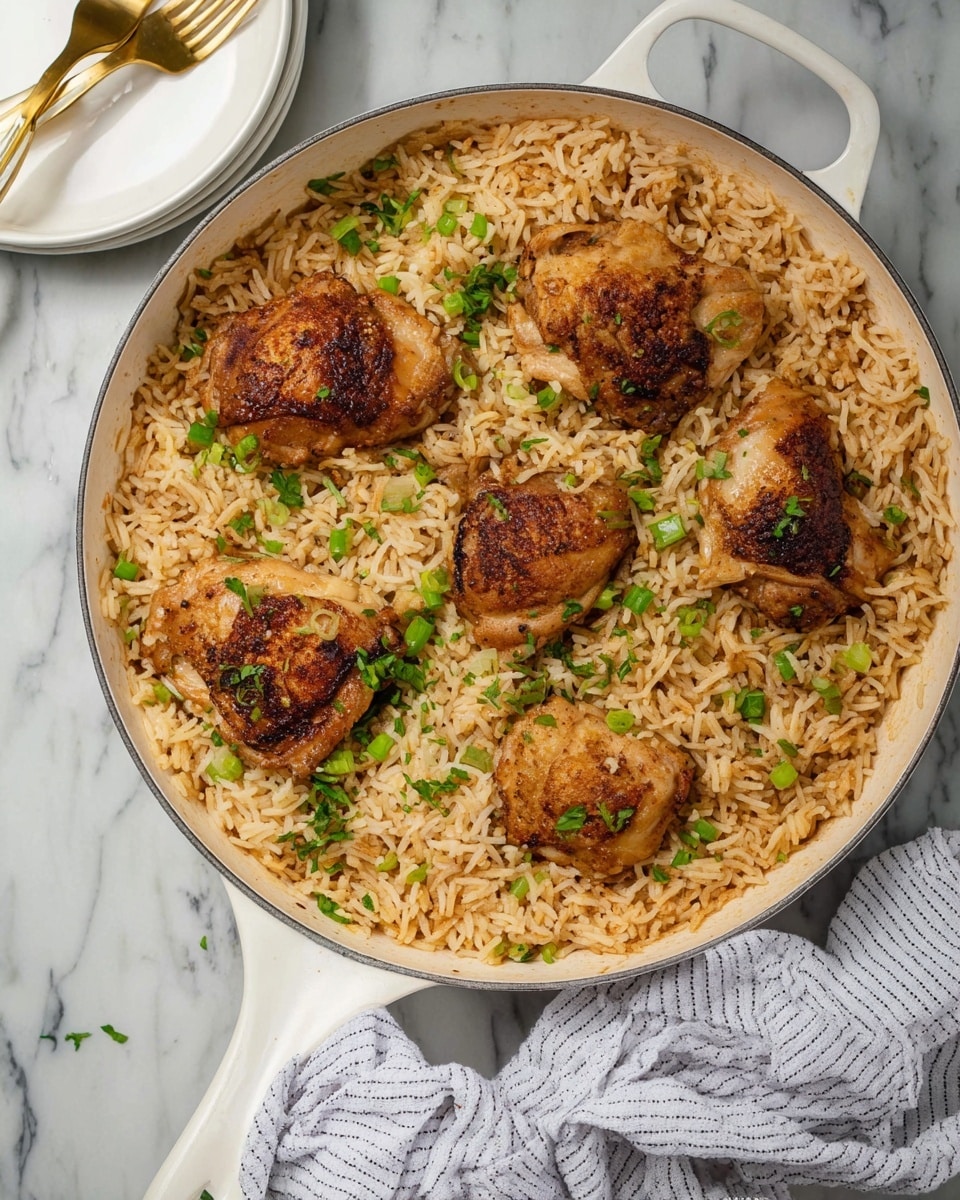The image shows a white pan filled with cooked long-grain rice mixed with small green onion pieces scattered on top. There are six pieces of browned cooked chicken evenly placed on the rice. The rice is light brown and slightly crispy around the edges, with a soft texture in the middle. The pan is sitting on a white marbled surface, next to a white plate with gold fork and knife. A white and gray striped cloth is visible under the pan handle. photo taken with an iphone --ar 4:5 --v 7
