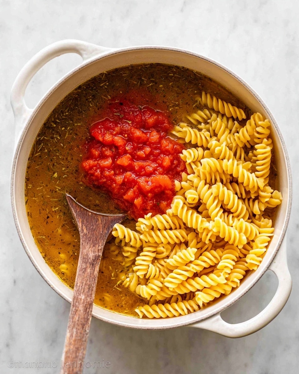 In the white pot with two handles, there is a mixture of three main layers: at the bottom is a light brown broth with herbs floating throughout, on the right side sits a pile of uncooked yellow spiral pasta, and above the pasta is a bright red chunky tomato layer. On the left side of the pot, a wooden spoon rests partially submerged in the broth, showing its natural brown wood texture. The pot is placed on a white marbled surface. photo taken with an iphone --ar 4:5 --v 7