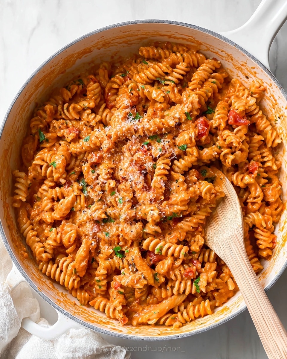 The image shows a white pan filled with rotini pasta covered in a creamy orange-red sauce. Small pieces of tomato and green parsley are mixed evenly through the pasta, giving it a slightly chunky texture. A light sprinkle of grated cheese is visible on top, adding a bit of white contrast. On the right side of the pan, a light wooden spoon is stirring the pasta, resting inside the pan. The pan is set on a white marbled surface with soft natural light. photo taken with an iphone --ar 4:5 --v 7