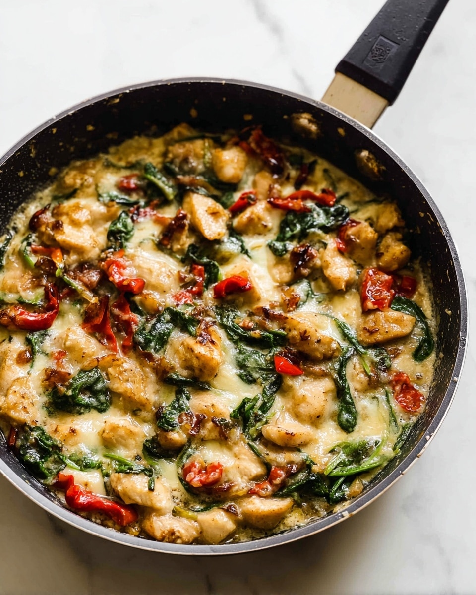 A close-up of a black frying pan filled with a cooked dish featuring several layers: the bottom layer has tender light brown pieces, likely chicken, mixed with dark green wilted spinach leaves; scattered throughout are bright red strips, probably roasted red peppers, adding a pop of color; a light layer of melted cheese with a creamy texture spreads over and among the ingredients, giving a slightly shiny look; the pan rests on a white marbled surface, and the handle of the pan appears black with some wear marks. photo taken with an iphone --ar 4:5 --v 7