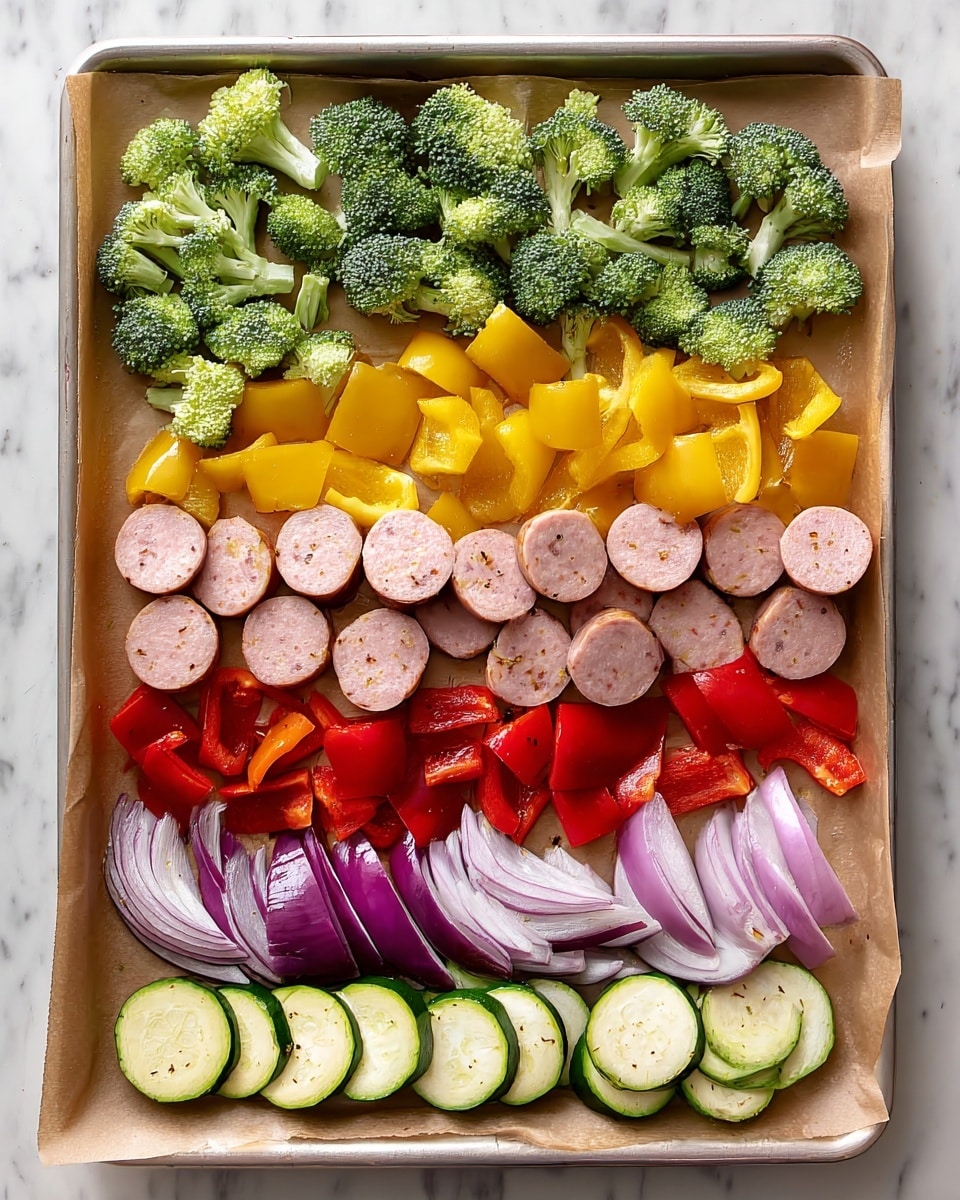 A baking tray lined with light brown paper holds five neat rows of food items. The top row has bright green broccoli florets with a rough texture. Below it is a row of round, pale pink sausage slices with specks of red. The middle row shows yellow bell pepper chunks with a smooth shiny surface, followed by a row of red bell pepper pieces that look glossy and crisp. The next row has thick slices of purple and white onion, showing curved layers. The bottom row has small pieces of pale green zucchini with dark green skin, cut into half-moon shapes. The tray sits on a white marbled surface. photo taken with an iphone --ar 4:5 --v 7