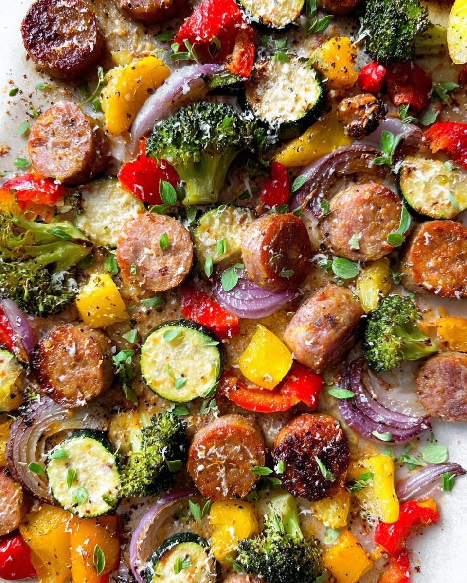 The image shows a single layer of mixed roasted vegetables and sausage slices spread on parchment paper over a white marbled surface. The sausage pieces are round and browned with a crispy texture. The vegetables include green broccoli florets, red and yellow bell pepper chunks, slices of zucchini with green skin and pale flesh, and translucent, soft onion slices with purple edges. Small green herb leaves are scattered on top, adding fresh color and texture. There is a light sprinkling of grated cheese giving a fine, white dust over the food. photo taken with an iphone --ar 4:5 --v 7