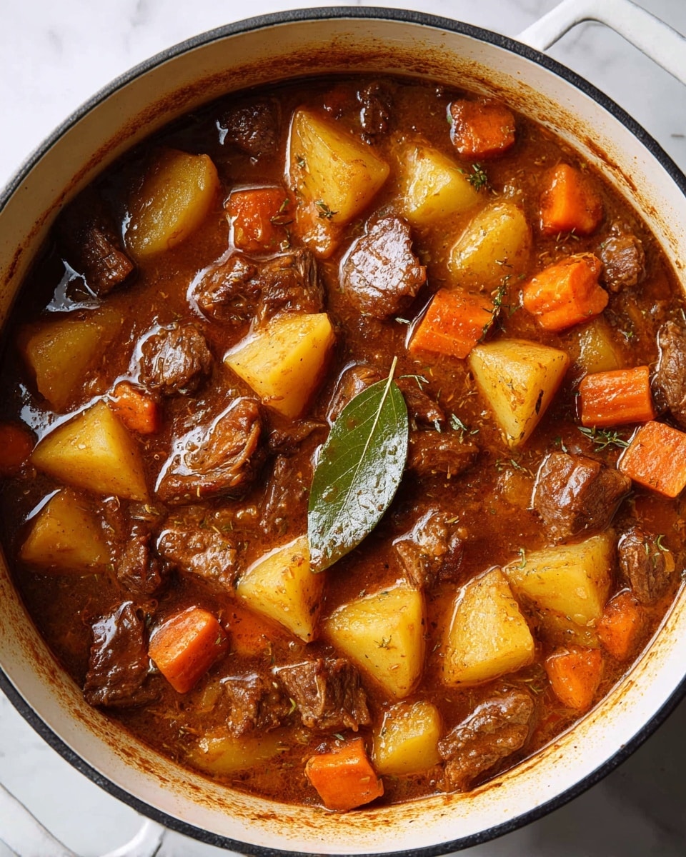 A white pot filled with a rich brown stew, showing three main layers: large chunks of golden-yellow potatoes scattered throughout, bright orange carrot cubes evenly mixed in, and tender dark brown meat pieces spread around. The stew is thick with a glossy texture, and a single dark green bay leaf lies on top near the center. The pot rests on a white marbled surface, highlighting the warmth and heartiness of the dish. photo taken with an iphone --ar 4:5 --v 7