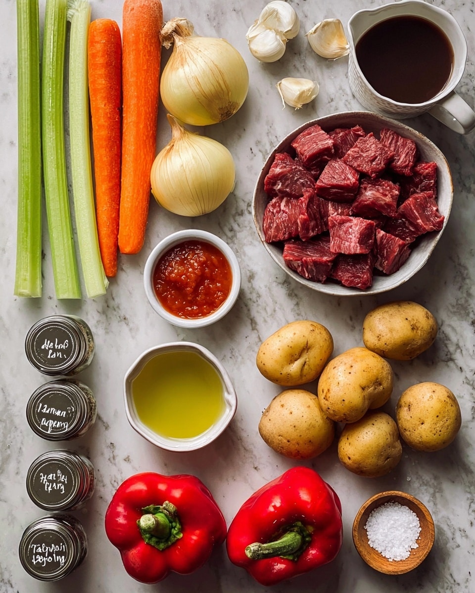 The image shows raw ingredients arranged neatly on a white marbled texture. There are two long celery sticks and two long orange carrots on the left side, with several garlic cloves placed nearby. Two whole yellow onions are positioned below the carrots, and three small spice jars labeled with different herbs and spices sit in the lower left corner. In the center is a small white bowl filled with light green oil, next to a small bowl of bright red tomato sauce. On the right side, a large white bowl holds many chunks of raw red beef. Around the bowl are four whole light brown potatoes and two vibrant red bell peppers at the bottom right. A small wooden bowl contains some salt near the peppers. In the upper left corner, there is a white pitcher filled with dark brown broth. photo taken with an iphone --ar 4:5 --v 7