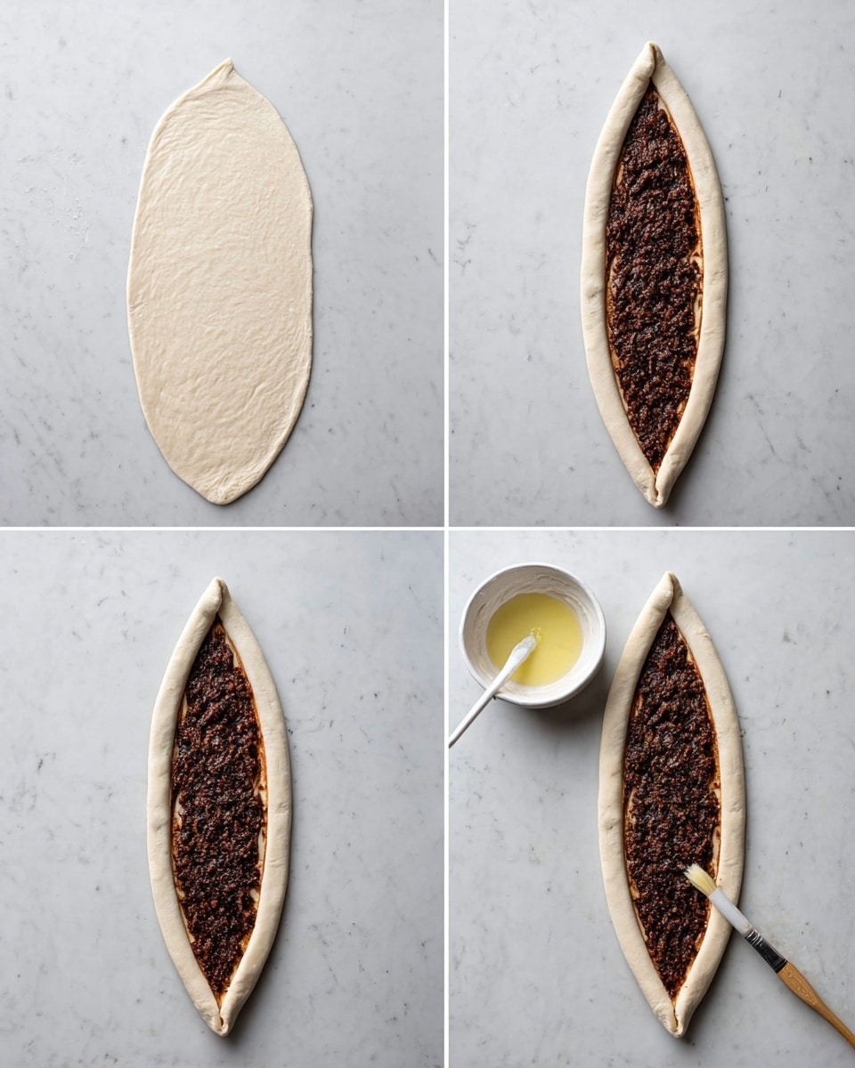 The image shows four steps of making a boat-shaped flatbread on a white marbled surface. The first step is a stretched oval dough with a smooth, pale texture placed flat on the surface. The second step shows a dark brown filling spread evenly in the center of the dough, leaving a clear border around it. The third step has the dough’s edges rolled up and pinched at both tapered ends to form a boat shape, enclosing the filling but keeping the center open. The final step is the same shaped dough with the dark filling inside and a small white bowl with a brush dipped in a light yellow liquid placed next to it, suggesting a glaze to be applied. Photo taken with an iphone --ar 4:5 --v 7