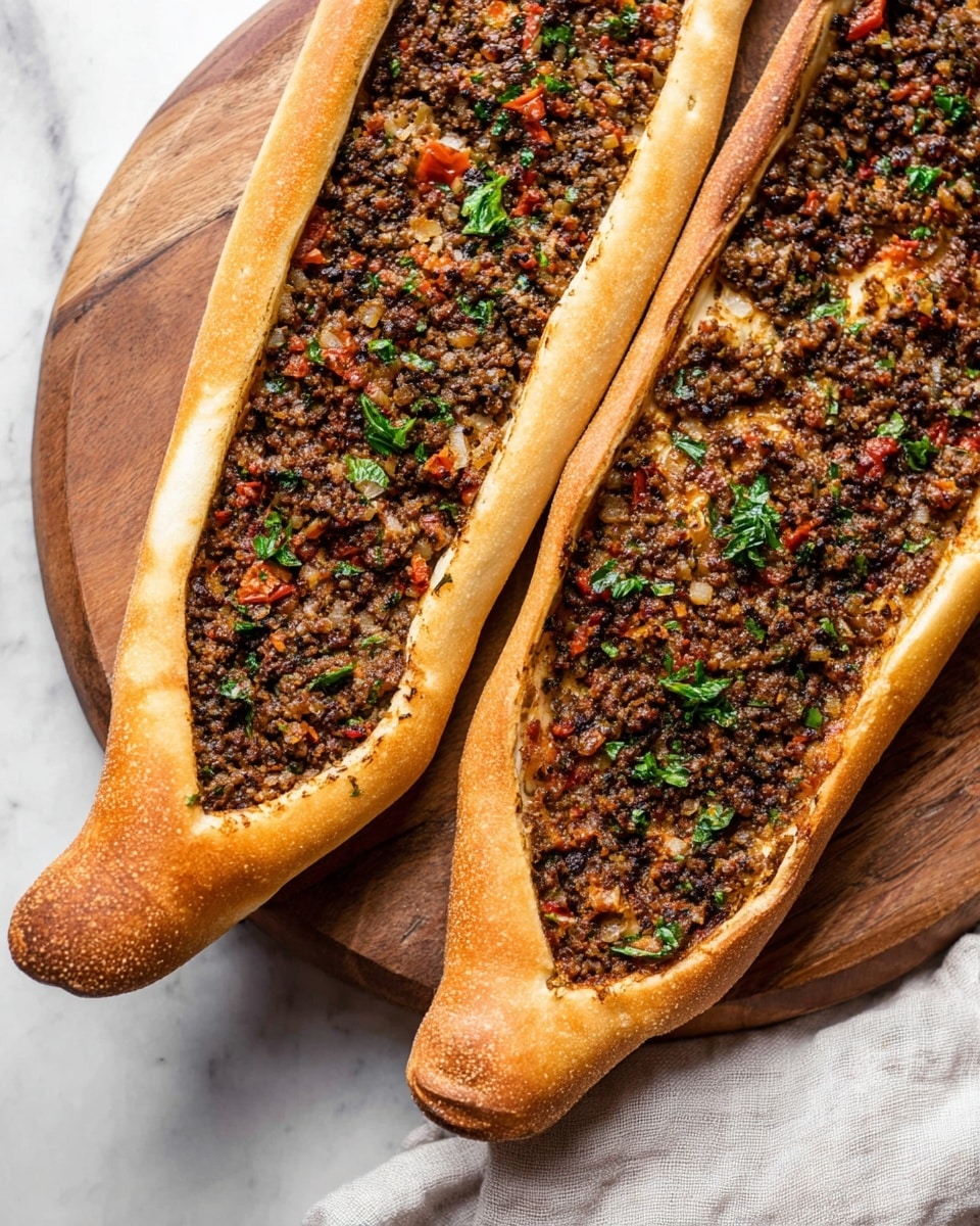 The image shows two long, boat-shaped flatbreads with a golden-brown crust, each filled with a thick layer of finely chopped, cooked ground meat mixed with small pieces of onion, tomato, and herbs. The meat filling is dark brown with flecks of red, green, and white from the vegetables and herbs scattered across the surface. One flatbread’s pointed ends curve slightly upwards, and both are placed close together on a round wooden board, which rests on a white marbled surface. A soft, light-colored cloth is partly visible at the bottom right corner of the image. photo taken with an iphone --ar 4:5 --v 7
