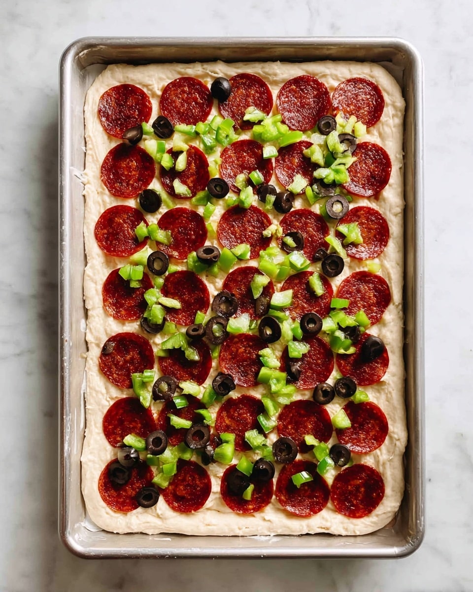 A rectangular metal baking pan holds one layer of thick, pale pizza dough spread evenly to cover the base. On top, a single layer of round, dark red pepperoni slices is arranged closely together, almost covering the dough. Scattered over the pepperoni are small chunks of bright green bell pepper and sliced black olives, creating a mix of green and black spots. The pan sits on a white marbled surface. Photo taken with an iphone --ar 4:5 --v 7