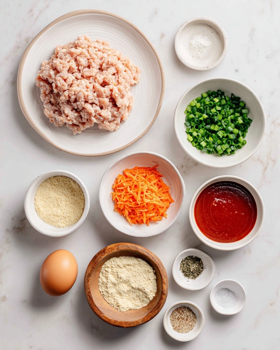 The image shows eight white bowls and a white plate arranged on a white marbled surface. In the center left, a white plate holds a large portion of light pink ground chicken with textured lines. Above it, a small white bowl contains finely chopped bright orange carrots. To the right, another small white bowl is filled with chopped dark green onions. Below the chicken plate, a small wooden bowl is filled with light yellow almond flour or panko crumbs. In the bottom left, a small white bowl holds a single brown egg. To the right of the egg, a white bowl contains bright red buffalo sauce. Next to it, a small white bowl holds a mix of light beige garlic powder and onion powder. At the bottom center, a small white bowl contains a mix of white salt and black pepper. The arrangement is neat and clear, with labels identifying each ingredient. Photo taken with an iphone --ar 4:5 --v 7