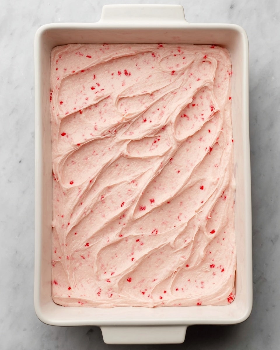 A white rectangular baking dish holds a single smooth layer of pale pink creamy mixture, evenly spread across the bottom with visible small, bright red specks scattered throughout. The texture looks soft and slightly fluffy, with gentle swirls and strokes creating a lightly textured surface. The dish is placed on a white marbled surface, which adds subtle natural veins of gray to the background. photo taken with an iphone --ar 4:5 --v 7