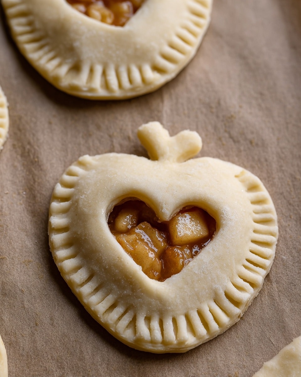 The image shows a close-up of two small apple-shaped pastries on a baking sheet with a brown parchment paper background. Each pastry has two layers: the bottom layer is a slightly browned dough filled with a chunky apple filling visible through a heart-shaped cutout on top. The top layer is a dough cover shaped like a heart, placed slightly tilted on the cutout. The dough edges are crimped all around to seal the pastries, with fork marks giving texture to the border. The surface is smooth and pale, contrasting with the golden-brown apple filling inside. photo taken with an iphone --ar 4:5 --v 7