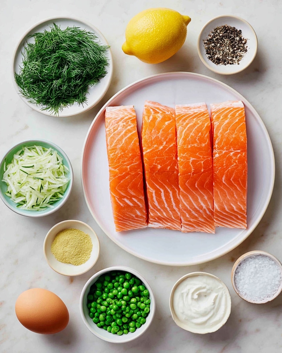 A round white plate holds four raw salmon fillets arranged side by side, showing their bright orange color with light pinkish-white stripes. Around the plate, there are small white bowls each containing different ingredients: finely shredded green cucumber, white flour, chopped fresh green dill, green frozen peas, minced garlic, and a yellowish powder seasoning. Nearby, there is a whole yellow lemon, a brown egg, a small bowl of white creamy yogurt or sour cream, and two small bowls of black pepper and coarse salt. The whole setup is on a white marbled surface, with soft, natural lighting. photo taken with an iphone --ar 4:5 --v 7