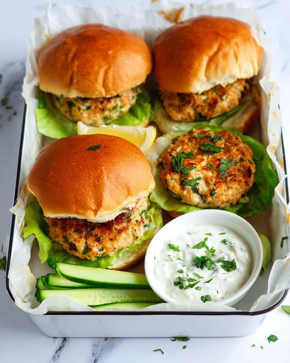 The image shows three chicken patties with green herbs inside, each placed on green lettuce leaves and sandwiched between soft, shiny golden brown sandwich buns. The patties have a cooked, slightly crispy texture with visible bits of green herbs. They are arranged in a white rectangular tray lined with parchment paper on a white marbled surface. Alongside the chicken sandwiches, there is a small round white bowl filled with a creamy white sauce topped with fresh chopped green herbs. Some thin cucumber slices peek out from under the sandwiches, adding a fresh green touch. photo taken with an iphone --ar 4:5 --v 7