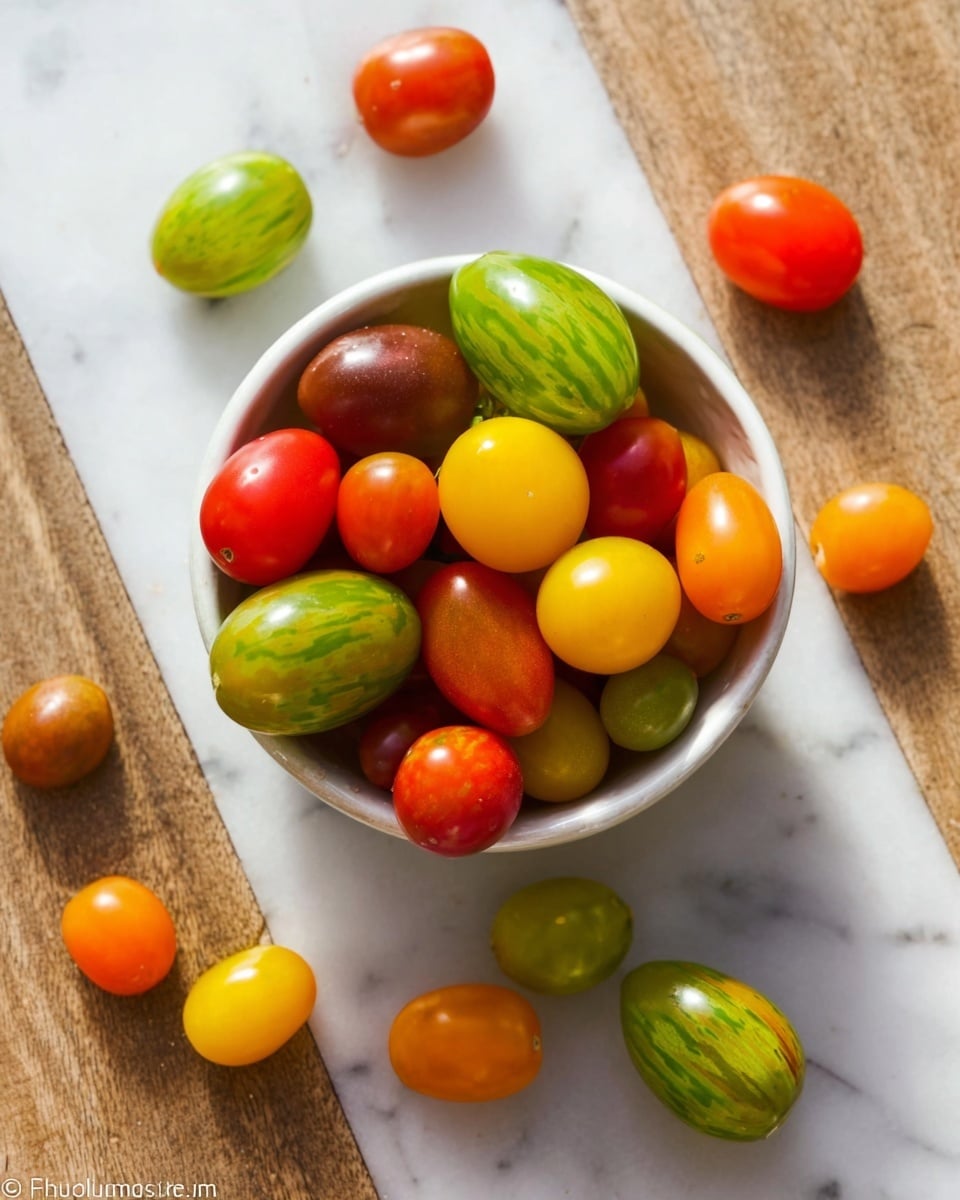 A white bowl filled with a mix of small tomatoes in different colors and shapes sits on a white marbled surface. Inside the bowl, there are bright yellow, red, green-striped, and orange tomatoes piled up, some round and some slightly oval. Around the bowl, a few tomatoes are scattered, showing their shiny, smooth skin with the same various colors. The lighting highlights the fresh and vibrant look of the tomatoes. photo taken with an iphone --ar 4:5 --v 7
