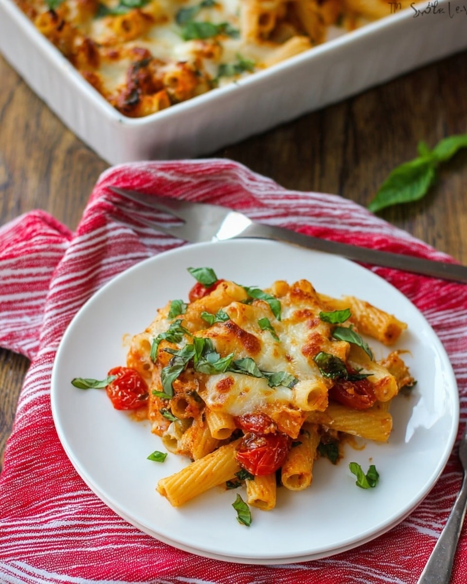 A white round plate holds a single serving of baked pasta with three visible layers: the bottom layer is short tube pasta in a light red tomato sauce with pieces of green basil leaves and chunks of red cherry tomatoes, the middle layer has melted light golden cheese that is slightly browned in some spots, and the top layer is scattered fresh green basil leaves adding a fresh touch. The plate is placed on a red and white striped cloth over a wooden surface. In the blurry background, there is a white baking dish filled with the same baked pasta, showing more pasta with golden melted cheese and green basil leaves. A silver fork lies beside the plate on the cloth. photo taken with an iphone --ar 4:5 --v 7