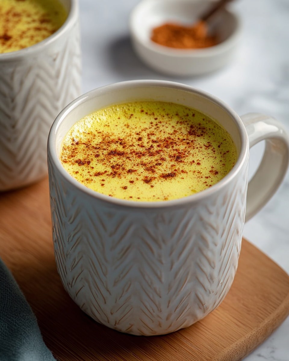 A close-up view of a white ceramic mug with a textured chevron pattern, filled nearly to the top with a frothy yellow drink that looks creamy and smooth. The drink has a light dusting of reddish-brown spice sprinkled evenly on the surface, adding a warm contrast to the bright yellow layer underneath. The mug sits on a wooden surface, and in the background, there is a partial view of another similar white mug with the same drink. A small white dish with more reddish-brown spice is slightly blurred in the background. The overall scene is set against a white marbled textured surface photo taken with an iphone --ar 4:5 --v 7