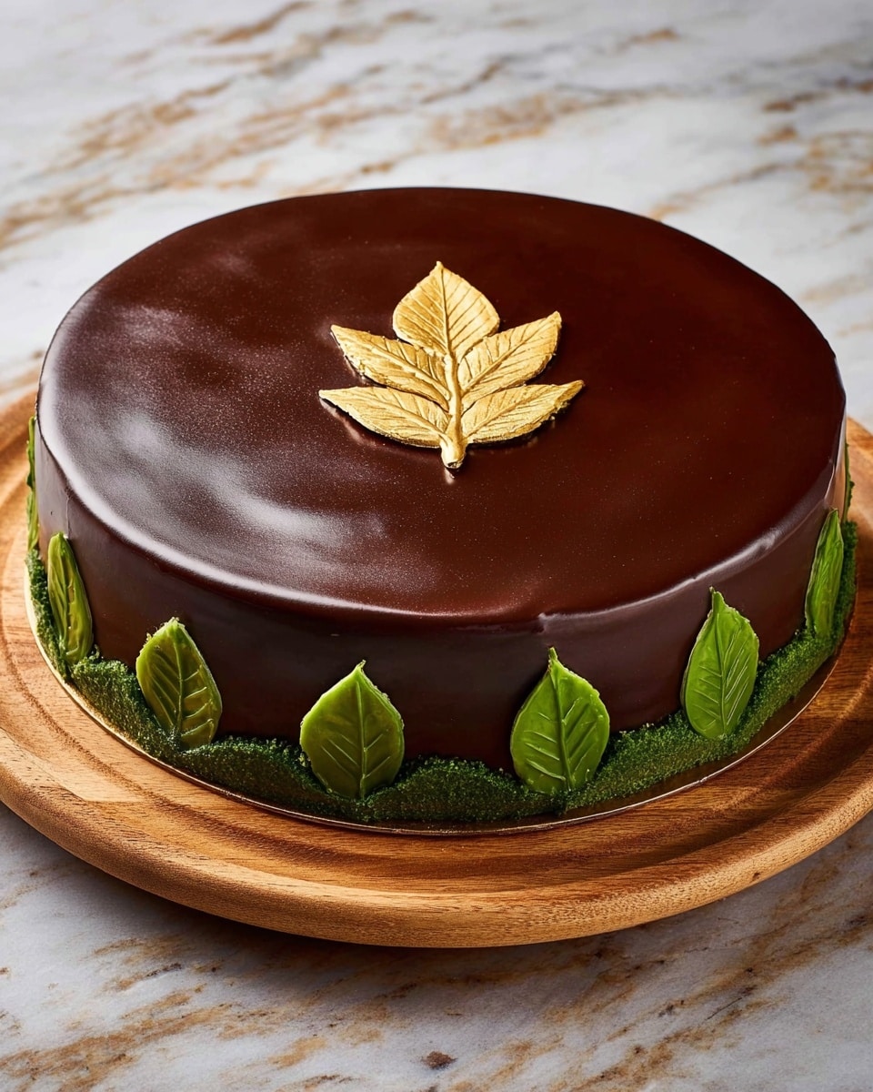 A round chocolate cake with a smooth, shiny dark chocolate glaze covers all sides and top. On the top center, there is a gold leaf-shaped decoration. Around the side of the cake, there are green leaf-shaped decorations evenly spaced, adding a natural touch. The cake sits on a round wooden board, placed on a white marbled surface. photo taken with an iphone --ar 4:5 --v 7