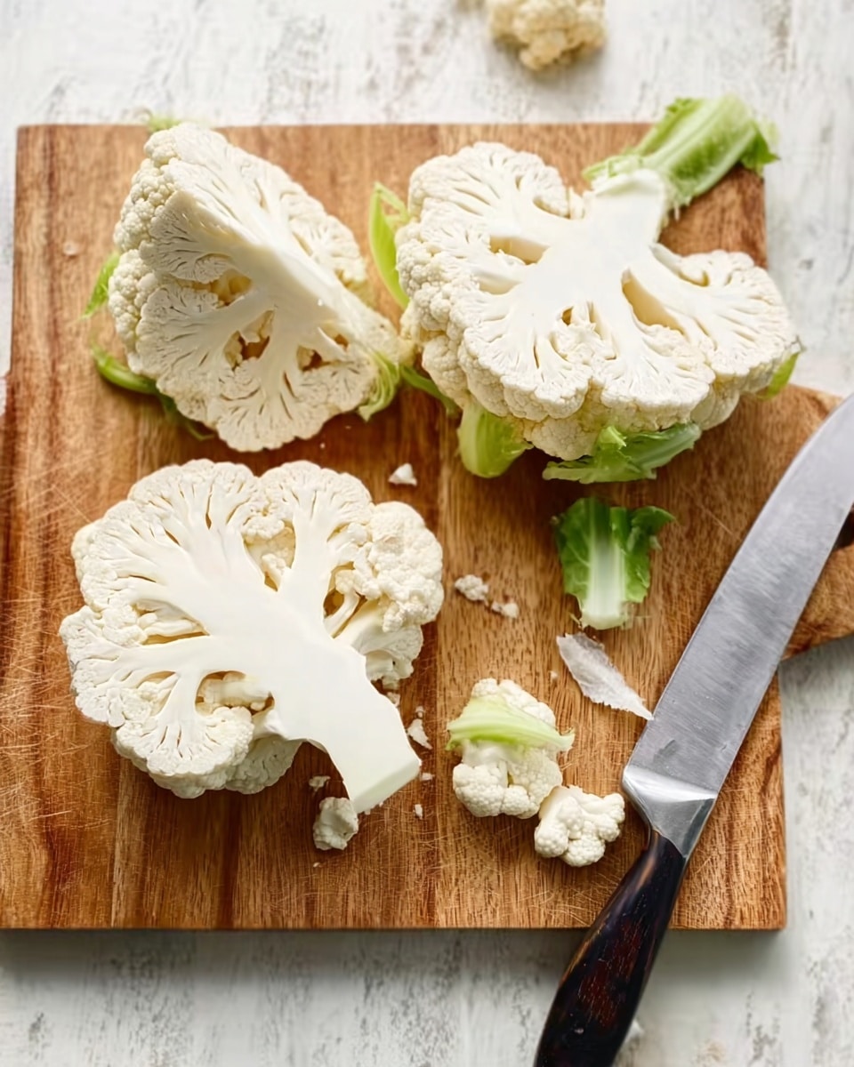 A wooden cutting board on a white marbled surface holds three large cauliflower pieces with off-white and light green colors, showing detailed textures of the cauliflower florets and stems. A large silver knife with a black handle lies on the right side of the cutting board. Small cauliflower and green stem fragments are scattered around the larger pieces. The lighting highlights the natural creamy color and rough texture of the cauliflower. photo taken with an iphone --ar 4:5 --v 7