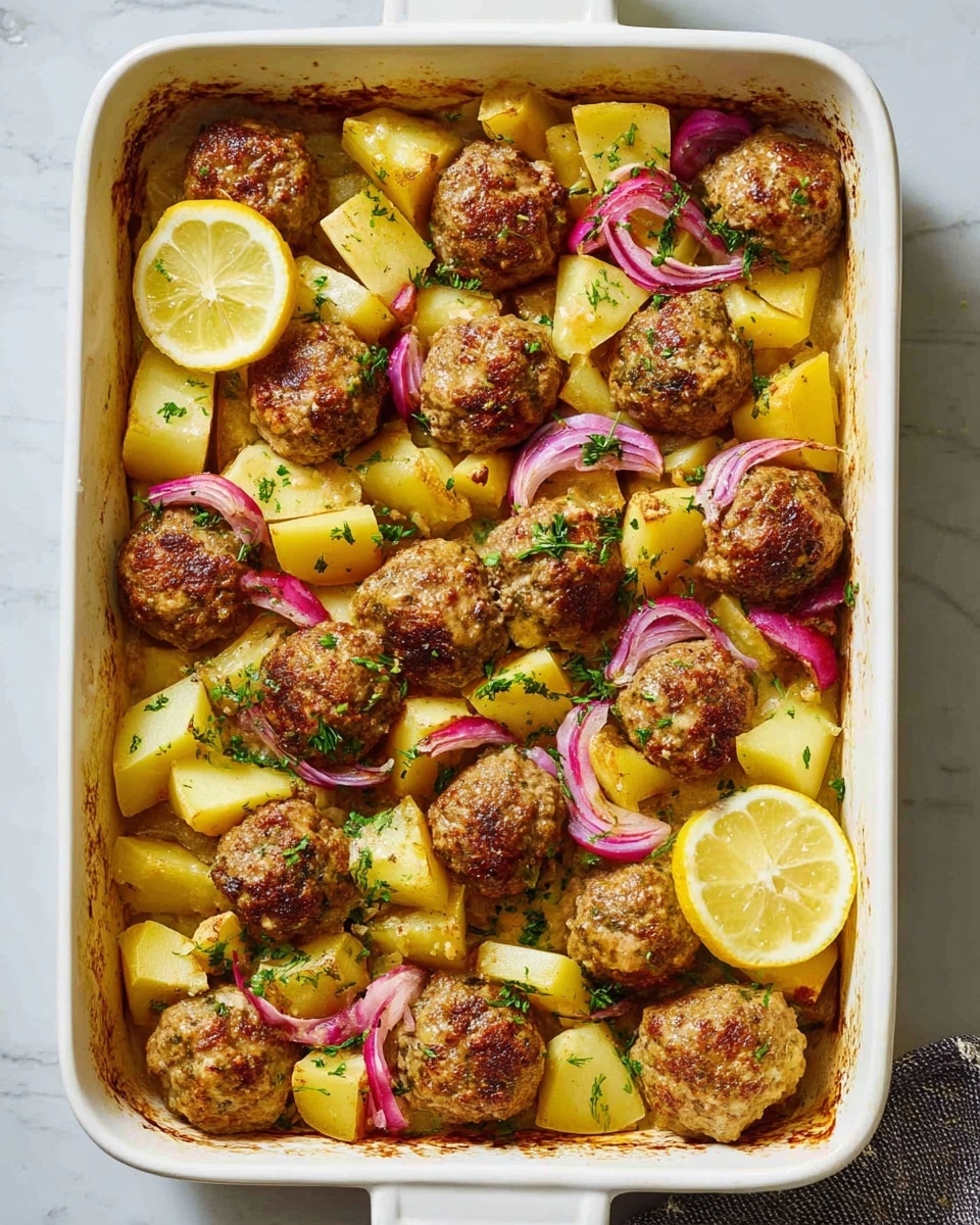 A white rectangular baking dish filled with golden brown meatballs arranged evenly on top of light yellow potato cubes. Bright purple-red onion slices are scattered between the meatballs and potatoes, adding contrast. Small green herb bits are sprinkled over everything, giving a fresh look. Two lemon wedges sit on one side, adding a pop of yellow. The edges of the dish show some baked, slightly browned sauce. The dish sits on a white marbled surface. photo taken with an iphone --ar 4:5 --v 7