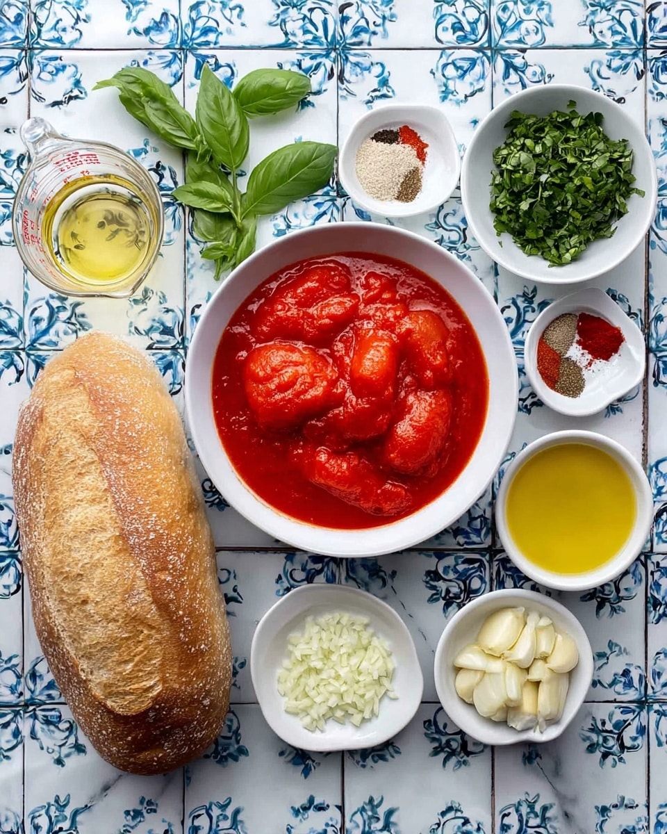 The image shows a white bowl filled with bright red peeled whole tomatoes in thick tomato sauce placed on a white marbled surface with blue floral tiles in the background. To the left of the bowl, there is a loaf of golden brown crusty bread, fresh green basil leaves, a small white bowl of chopped green basil, and a small white bowl of sliced garlic. Above these, there is a small white bowl of chopped white onions and three small white bowls with salt, black pepper, and red chili flakes. A glass measuring cup on the top left contains a pale yellow clear liquid, and next to it is a small white bowl with golden yellow liquid, likely olive oil. The overall layout is a flat lay with the ingredients neatly arranged for a cooking preparation photo taken with an iphone --ar 4:5 --v 7