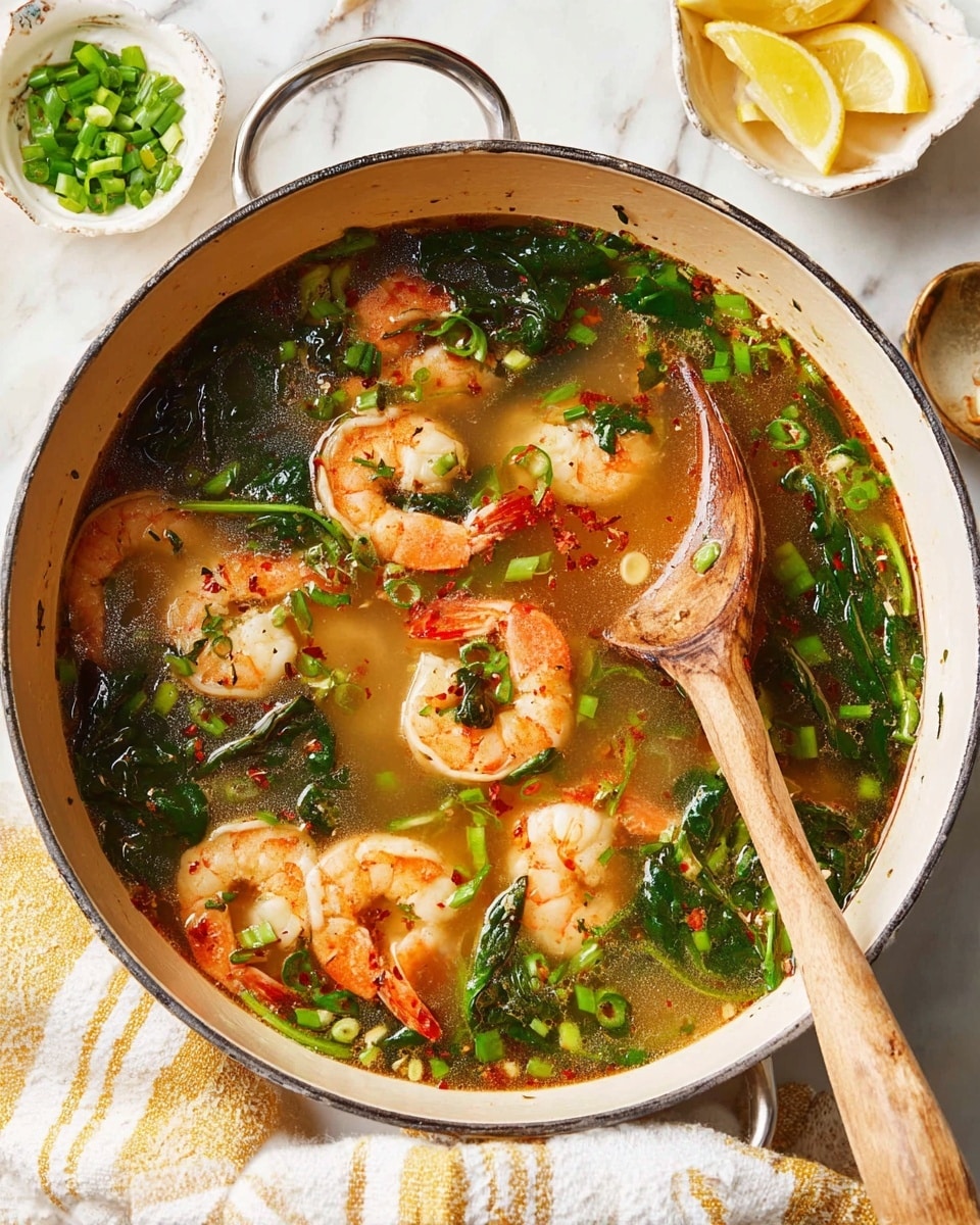 A large round white pot filled with clear broth that has a light reddish tint, floating large shrimp with orange-pink shells and white flesh, and dark green wilted spinach leaves scattered across the surface. Bright green sliced scallions and herbs are sprinkled throughout. A wooden spoon is dipping into the pot on the right side. The pot is placed on a white marbled surface with a white and yellow striped cloth nearby and a small white bowl with lemon wedges in the upper right background. Photo taken with an iphone --ar 4:5 --v 7