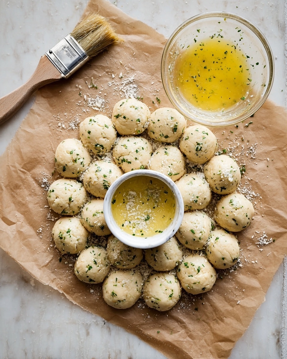 The image shows a round arrangement of small dough balls on brown parchment paper, placed on a white marbled surface. The dough balls are light beige with a slightly rough texture, topped with green herbs and a sprinkle of white cheese, arranged evenly around a small white ceramic bowl in the center. To the upper right, there is a clear glass bowl with yellow melted butter mixed with herbs. A used wooden pastry brush with some melted butter and herbs on its bristles lies on the top left corner of the parchment paper. The scene is bright, showcasing the rustic preparation of the dough balls. photo taken with an iphone --ar 4:5 --v 7