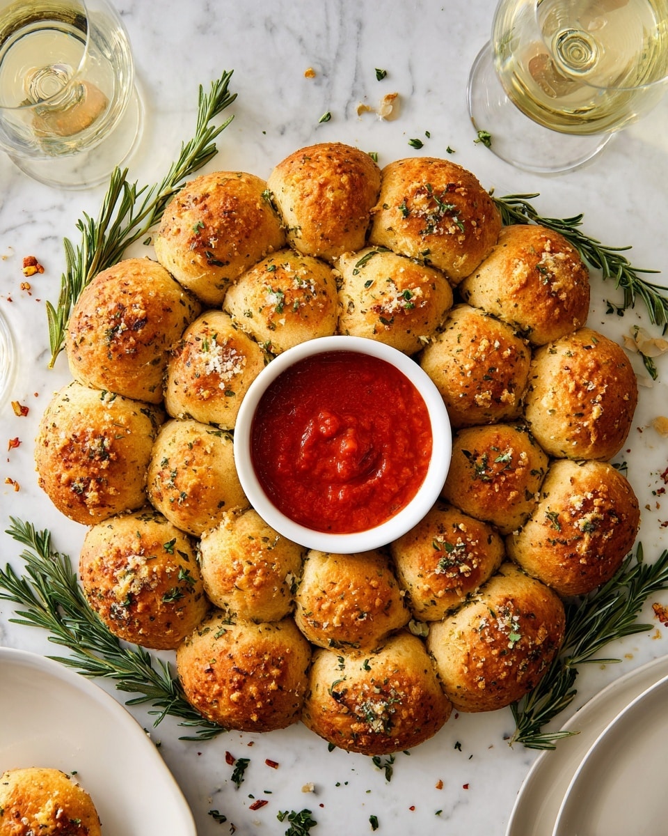 The image shows a round ring of golden-brown garlic bread balls, arranged in three rows with a small white dish of red marinara sauce in the center. Each bread ball is topped with bits of chopped herbs and garlic, giving them a textured and slightly crispy surface. Sprigs of fresh green rosemary are placed around the bread ring and scattered on the white marbled background. A glass of white wine and part of a white plate are visible on the side, adding to the setting. The scene looks warm, inviting, and ready to eat. photo taken with an iphone --ar 4:5 --v 7