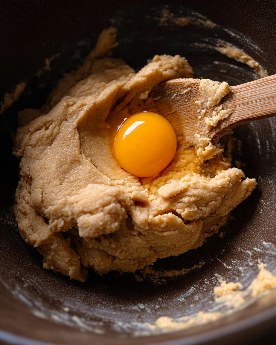 Inside a dark mixing bowl, there is a rough, thick dough of light brown color with a slightly wet texture on one side. On top of the dough near the center, there is a fresh, bright orange egg yolk resting without breaking. A wooden spoon with a light brown handle is pressing into the dough from the right side, showing the soft, pliable nature of the mixture. The inside of the bowl shows some smears and small bits of dough sticking to its edges. photo taken with an iphone --ar 4:5 --v 7