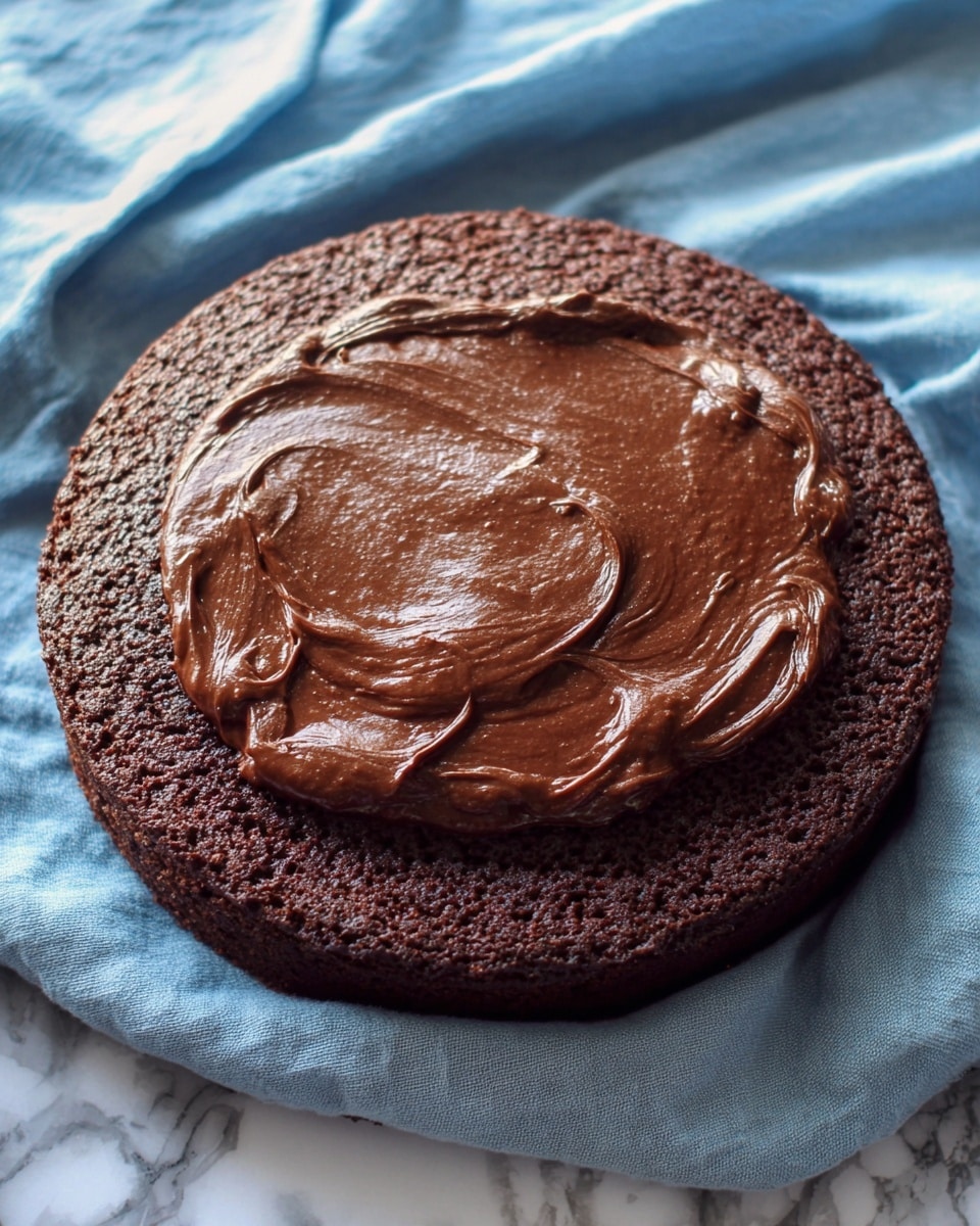 A single-layer round chocolate cake with a textured, slightly rough dark brown surface sits in the center. On top, a thick layer of smooth, shiny chocolate spread is spread unevenly, with visible swirls and small peaks. The cake is placed on a white marbled surface with a soft blue cloth casually draped around it. Photo taken with an iphone --ar 4:5 --v 7