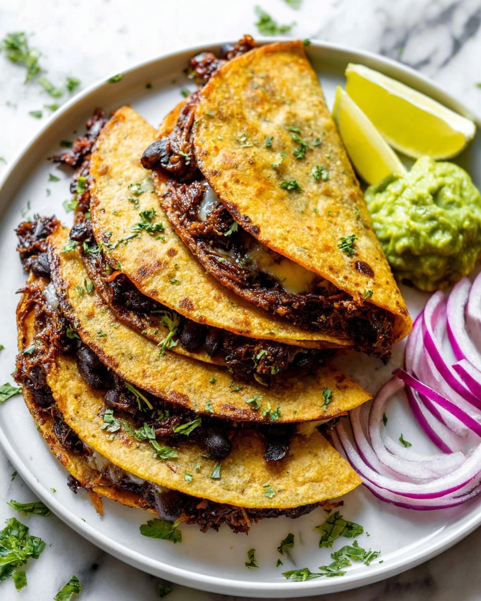 The image shows a white plate with a stack of four folded tacos, each taco containing a dark, rich filling that appears to be cooked meat and possibly beans, with some melted cheese visible along the edges. The tortillas are golden brown and slightly crispy with small herbs sprinkled on top. To the side of the tacos, there is a small scoop of green guacamole next to a bright yellow lemon wedge. Thin slices of red onions with their purplish-red color are arranged near the bottom right of the plate. The plate rests on a white marbled surface with some green herb leaves scattered around. Photo taken with an iphone --ar 4:5 --v 7