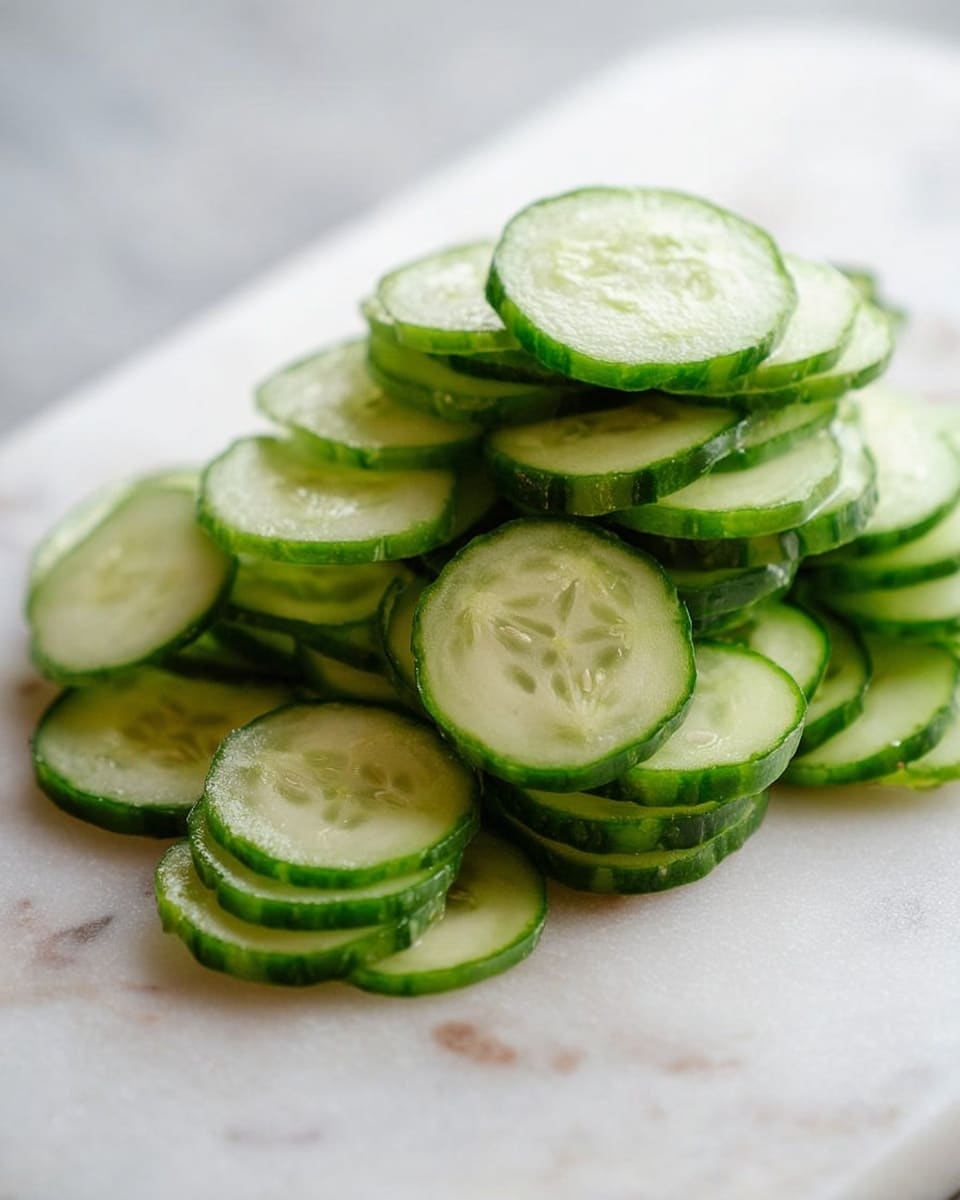A pile of many thin round slices of cucumber is shown on a white marbled chopping board. The cucumber slices have a dark green edge and a light green inside with a clear pattern of seeds in the center. The slices are stacked and spread unevenly, creating a slightly messy but fresh look. The background is softly blurred. Photo taken with an iphone --ar 4:5 --v 7
