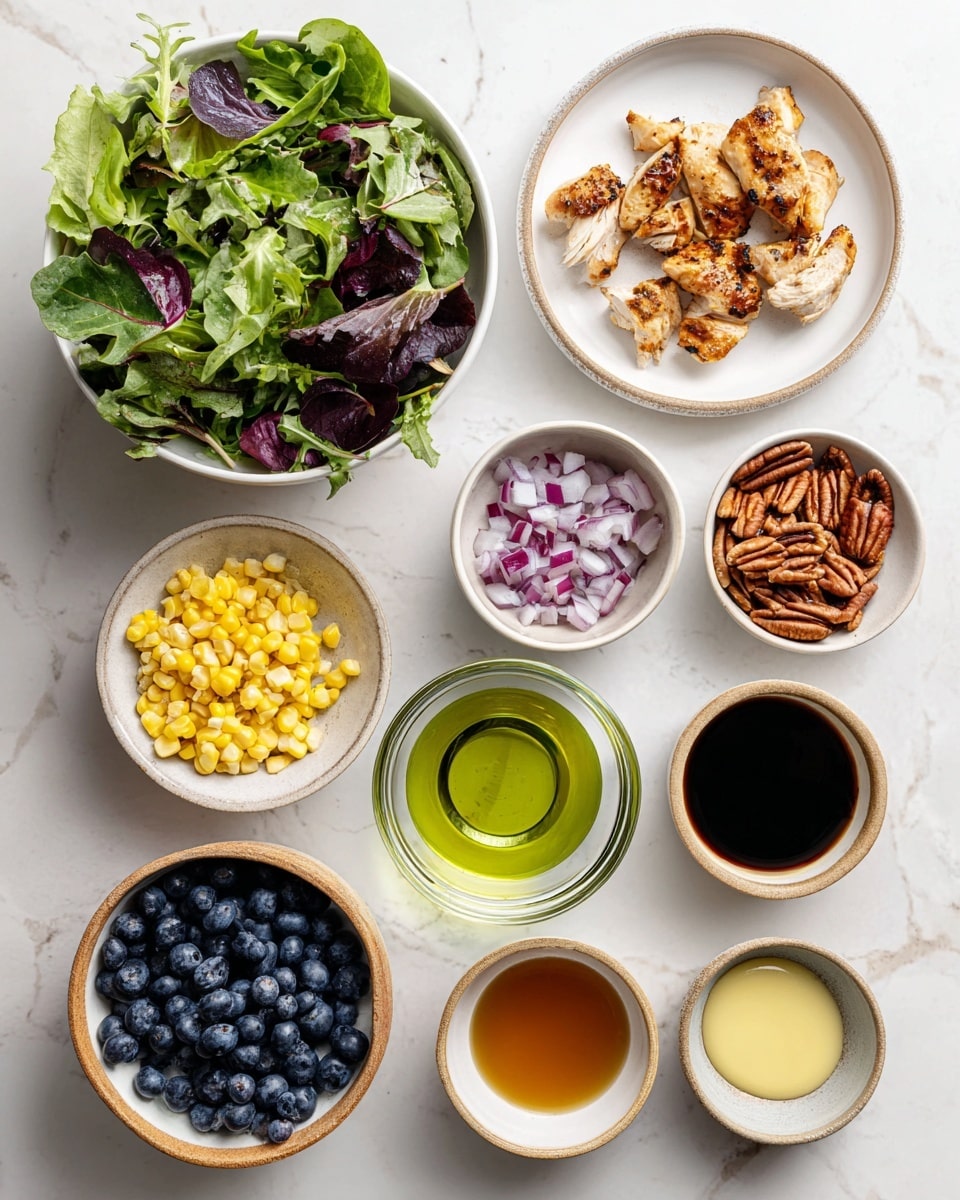 The image shows several small white bowls and plates arranged neatly on a white marbled surface, each containing different salad ingredients. In the top left, a white bowl is filled with fresh spring mix or baby greens, showing a mix of green and purple leaves. To the right, a white plate holds small pieces of grilled chicken with a golden-brown exterior. Below them, from left to right, are a brown-rimmed white bowl with bright yellow corn kernels, a similar bowl with chopped red onion, a clear glass bowl with light green avocado oil, and a small white bowl with dark amber maple syrup. Further down, a brown-rimmed white bowl contains pecans, another holds deep blue blueberries, and next to them is a small white bowl with yellow Dijon mustard and a light beige bowl with white salt. A clear glass bowl of dark balsamic vinegar and another with golden olive oil complete the arrangement. The image has a clean and fresh feel with balanced colors photo taken with an iphone --ar 4:5 --v 7