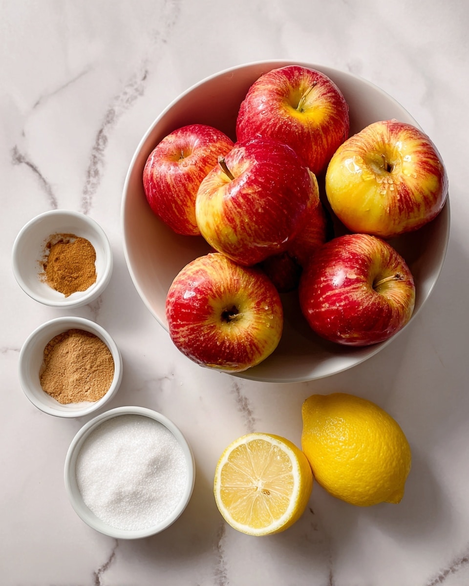A white bowl sits on a white marbled surface, filled with red and yellow apples with shiny skins. Above the bowl, three small white dishes hold cinnamon powder, light brown sugar, and white cornstarch. Below and to the right of the bowl, there are two lemon halves showing their juicy yellow interiors against the white marbled background. The scene is bright and clear, showcasing fresh ingredients in simple white containers, photo taken with an iphone --ar 4:5 --v 7