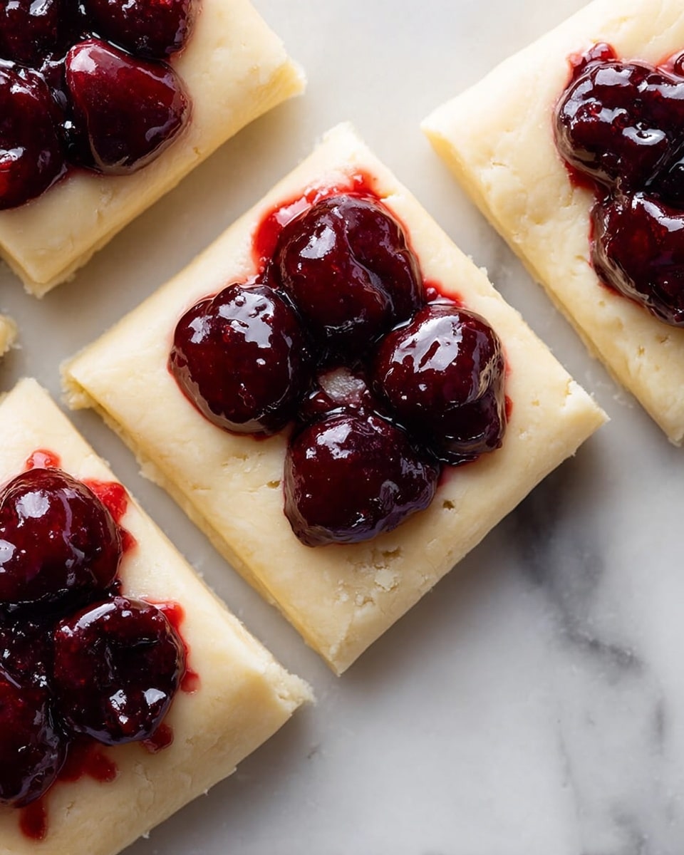 The image shows a close-up of four square pieces of light beige dough on a white marbled surface. Each square has a small mound of shiny, dark red cherry filling placed in the center, with the filling looking thick and sticky, made up of whole cherries coated in a glossy syrup. The squares are neatly cut but still joined at some edges, showing clean sharp lines between them. The focus is on the texture and color contrast between the smooth dough and the rich cherry topping. photo taken with an iphone --ar 4:5 --v 7