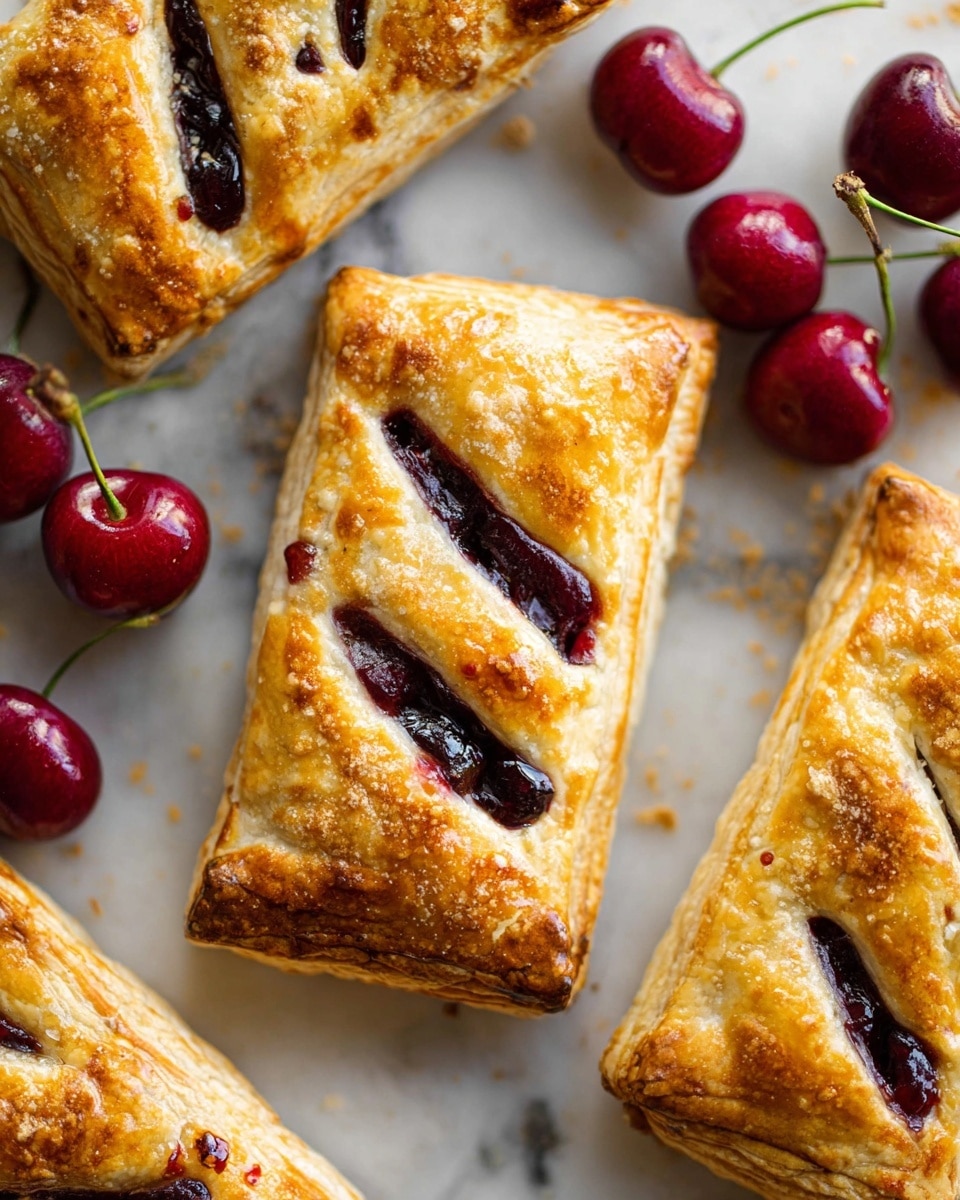 The image shows several rectangular cherry pastries with a golden-brown crust on a white marbled surface. Each pastry has three diagonal slits on top, revealing dark red cherry filling inside that contrasts with the shiny, flaky, light brown crust. The edges of the pastries are neatly sealed, with a slightly crisp texture. Around the pastries, whole bright red cherries with green stems are scattered, adding a fresh look to the scene. The light reflects softly off the pastries and cherries, enhancing their colors and textures. Photo taken with an iphone --ar 4:5 --v 7