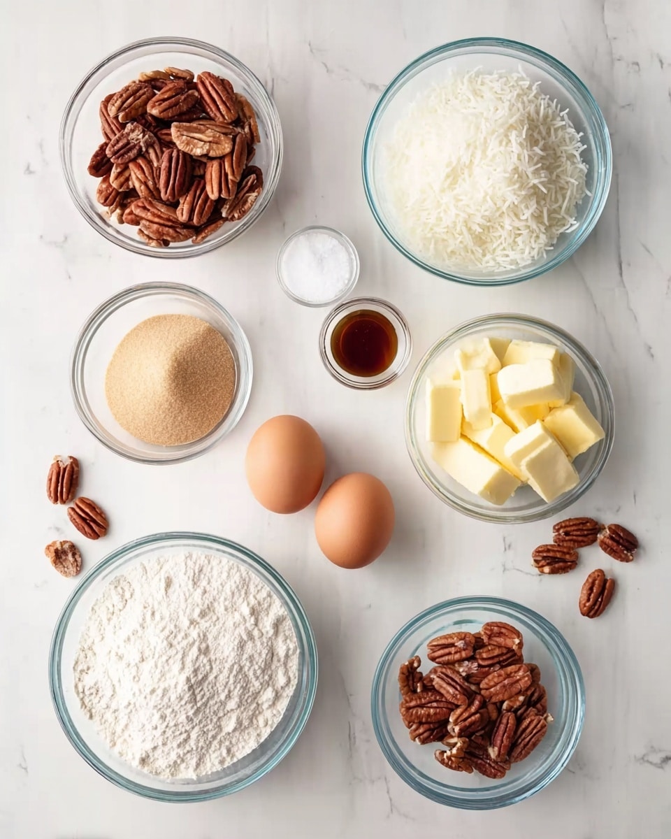 The image shows a top view of baking ingredients arranged neatly on a white marbled surface. There are eight parts: on the top right, a clear glass bowl with white shredded coconut, next to it on the top left another clear glass bowl filled with whole pecans. On the right middle, a clear glass bowl contains yellow chunks of butter. Below it, another clear glass bowl has light brown sugar. On the left bottom, there is a clear glass bowl with white flour. In the center, two brown eggs sit side by side. Toward the left center, a small clear bowl with vanilla extract, a tiny clear bowl with baking powder, and a medium clear bowl filled with white sugar. Scattered pecans add extra detail. Photo taken with an iphone --ar 4:5 --v 7
