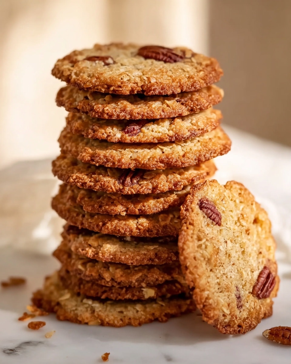 A tall stack of ten round oatmeal cookies with a rough, crumbly texture, each cookie showing a golden brown color with some darker edges. The cookies have whole pecans pressed into their tops, arranged unevenly, adding a dark brown contrast to the light oats. One cookie leans against the stack on a white marbled surface, showing its round shape and textured top clearly. The background is softly blurred with warm light, highlighting the crispy texture and details of the cookies. Photo taken with an iphone --ar 4:5 --v 7
