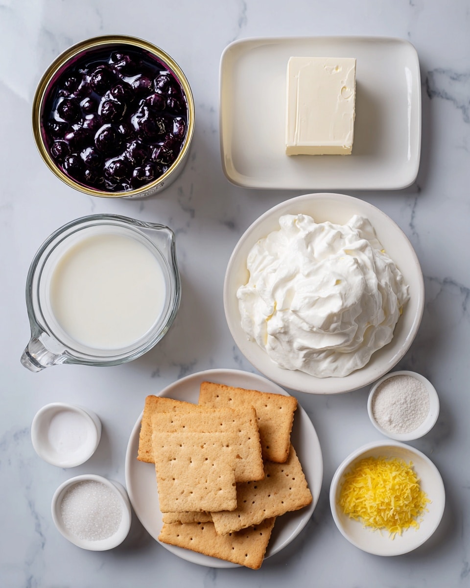 The image shows the ingredients for a dessert arranged on a white marbled surface. There is a plate at the bottom center filled with several rectangular light brown graham crackers. Above the plate is a smaller white plate with a white rectangular block of cream cheese. To the left of the cream cheese is an open can of dark purple-blue blueberry pie filling with visible whole berries in thick syrup. To the left of the blueberry filling is a glass measuring cup half full of white milk. Above the blueberry filling is a white bowl with fluffy white whipped topping, swirled smoothly. To the right of the whipped topping is a small white bowl filled with a fine white lemon pudding mix powder. Below that is another small white bowl filled with fine white sugar. To the right of the sugar is a tiny white dish with small amounts of bright yellow lemon zest. The composition is neat and organized, with clear labels identifying each ingredient. Photo taken with an iphone --ar 4:5 --v 7