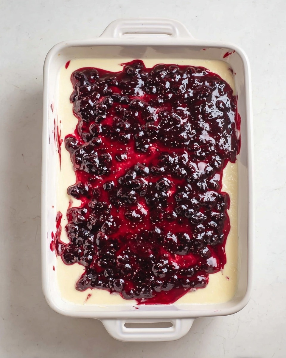 A white rectangular baking dish with two handles holds a two-layer dessert. The bottom layer is a smooth, creamy pale yellow or off-white base that fills the dish evenly. The top layer is a thick, shiny deep red fruit topping with visible small dark berries embedded throughout, spread generously but not perfectly even, with a few drips on the sides. The dish sits on a white marbled surface. Photo taken with an iphone --ar 4:5 --v 7