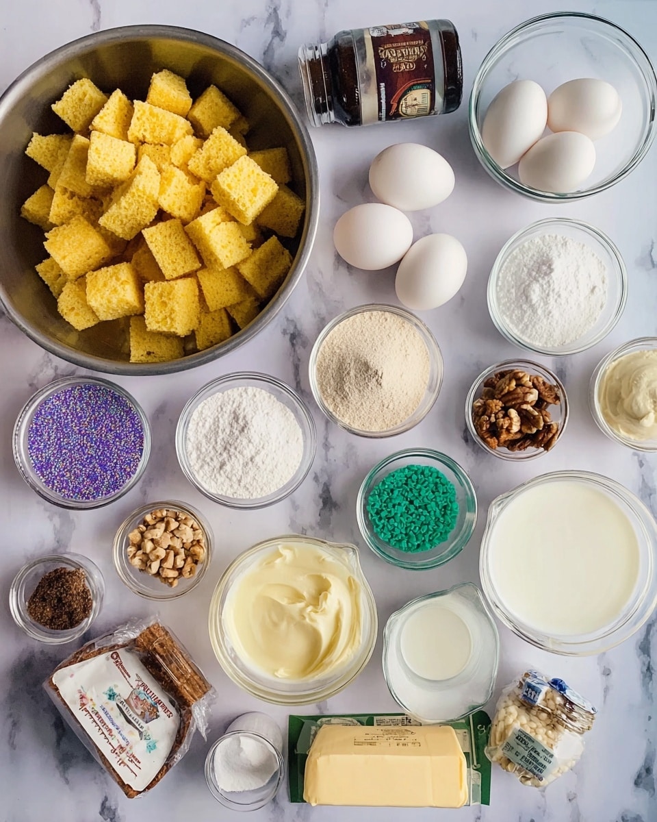 The image shows a top view of a white marbled surface with various cooking ingredients placed neatly. On the left side, a large metal bowl is filled with yellow cornbread cubes. To its right, there is a glass bowl holding four white eggs, and a small white bowl with powdery white sugar next to it. Scattered around are multiple small white bowls and containers filled with different ingredients: white flour, brown sugar chunks, salt, ground cinnamon, colored sugar sprinkles in purple and green, small brown nuts, light beige powder, a glass measuring cup with white cream, a stick of yellow butter in its wrapper, a small glass bowl with light yellow liquid, a dark brown jar of vanilla bean paste, and a rectangular container of cream cheese with its wrapper partially visible. Everything is organized clearly on the white marbled surface, with no plates or cutlery in sight. photo taken with an iphone --ar 4:5 --v 7