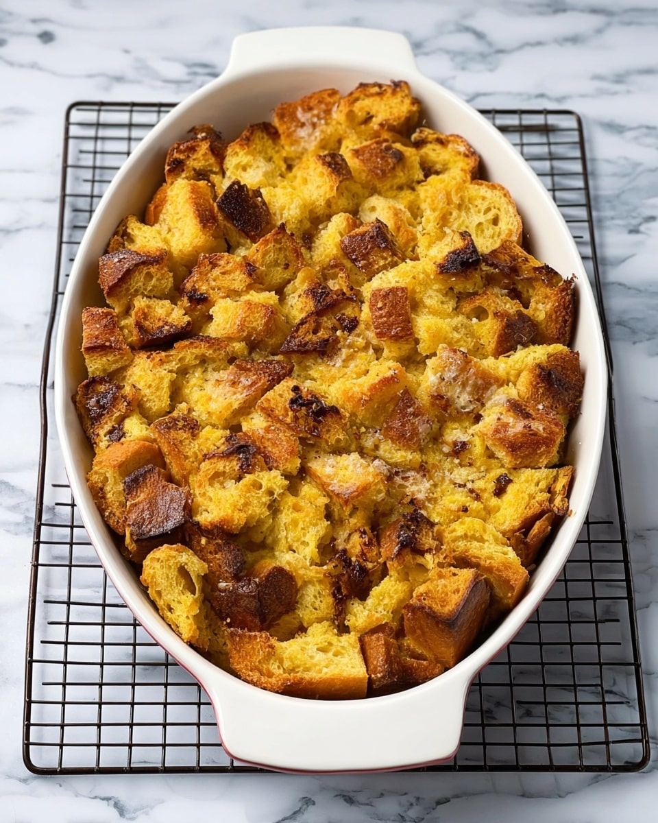 A white oval baking dish filled with a golden brown bread pudding made of irregular bread chunks. The bread pieces have a toasted, slightly crispy texture on top with darker browned edges, while the inside looks soft and moist. The dish sits on a black wire rack over a white marbled surface. photo taken with an iphone --ar 4:5 --v 7