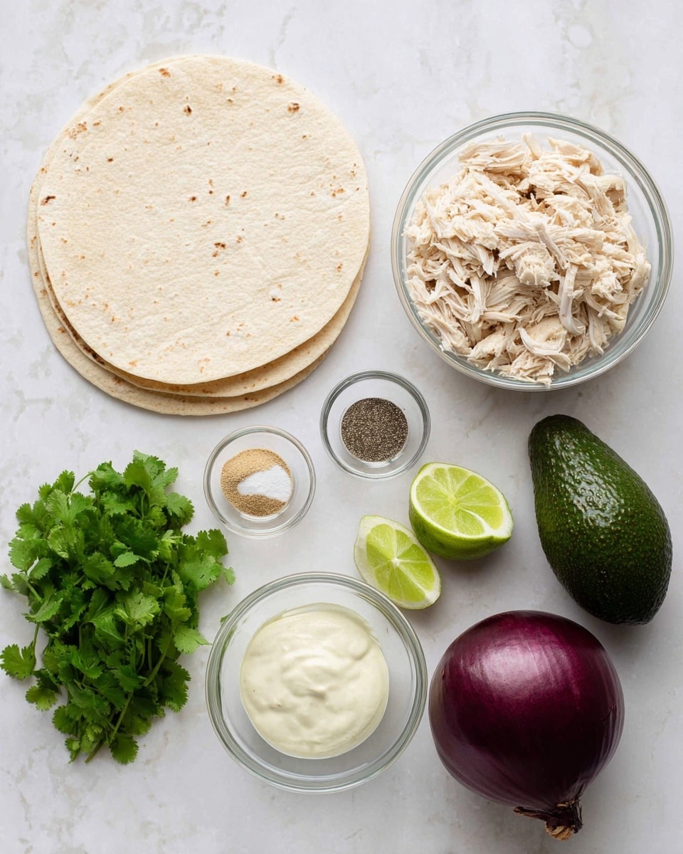 The image shows ingredients neatly arranged on a white marbled surface, including a stack of four folded light beige tortillas on the left, two dark green avocados near the center, and a whole red onion at the bottom right. There is a clear glass bowl filled with shredded light beige chicken to the upper right, a smaller clear bowl with a creamy white sauce below it, and another small clear bowl holding a few lime slices next to the onion. A small bunch of green cilantro lies near the center, and a small clear bowl containing three seasoning powders in beige, black, and white is positioned above the cilantro. Photo taken with an iphone --ar 4:5 --v 7