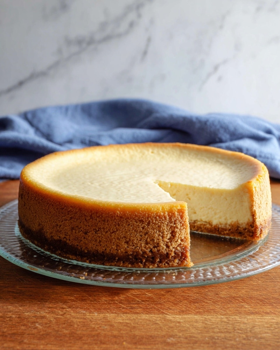 A cheesecake with two layers sits on a clear glass plate. The bottom layer is thick and brown with a crumbly texture, forming a solid base. The top layer is smooth and pale yellow, with a light golden edge around the top rim. The cheesecake is placed on a wooden surface with a soft blue cloth behind it, and the background is a clean white marbled texture. photo taken with an iphone --ar 4:5 --v 7