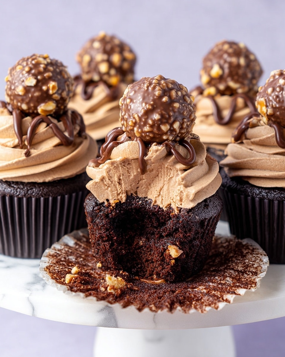 The image shows a close-up of five chocolate cupcakes on a white stand with a white marbled surface below. Each cupcake has a dark, moist chocolate base with a thick swirl of light brown chocolate frosting on top. The frosting is decorated with a drizzle of dark chocolate sauce and sprinkled with small pieces of nuts. A round chocolate candy covered with nuts sits neatly on the peak of each frosting swirl. One cupcake in front has its wrapper peeled back, revealing a soft chocolate filling inside the cake. Photo taken with an iphone --ar 4:5 --v 7
