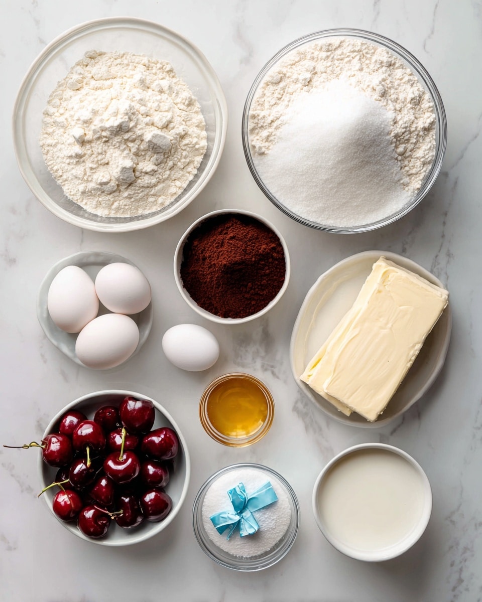 The image shows a collection of baking ingredients neatly arranged on a white marbled surface, each in clear or white containers. At the top center, there is a large clear bowl filled with white flour. To the right is another large clear bowl full of white sugar. Below the flour bowl is a smaller clear bowl with dark brown cocoa powder, and beside that to the lower right is a white bowl with bright red cherries with stems. To the right of the cherries is a white bowl with an off-white block of butter with blue and white wrapping, and next to it, a small clear bowl with golden vanilla liquid. Near the center left, there are two white eggs placed side by side. Below the eggs is a tiny clear bowl filled with dark brown espresso powder. Near the center right, there is a clear bowl with white milk, and to the lower right of that is a small clear bowl holding white baking powder. Above the baking powder is an empty clear bowl, and above that is a small clear bowl containing a pinch of white salt. The overall layout is clean, with the bowls and ingredients spaced out evenly over the white marbled background. Photo taken with an iphone --ar 4:5 --v 7