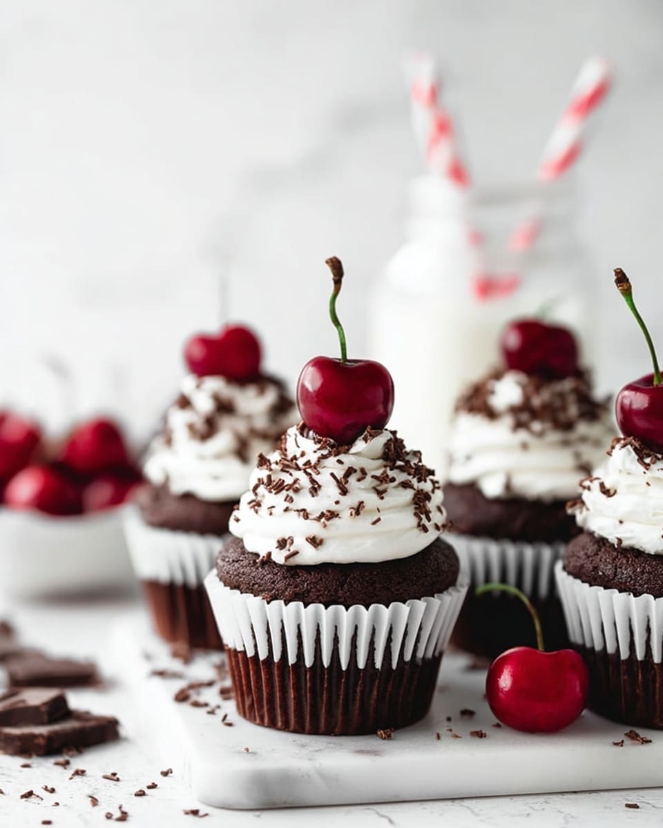 A close-up of four dark brown chocolate cupcakes in white paper liners, each topped with two tall layers of fluffy white whipped cream sprinkled with small chocolate shavings, and crowned with a bright red cherry with a green stem. One cherry sits loose on the white marbled surface in front, and there are small chocolate pieces nearby. In the blurred background, a white jar with a red and white striped straw and a white bowl filled with cherries sit on the same white marbled surface. The scene is bright and clean, focused mainly on the cupcakes in the foreground. photo taken with an iphone --ar 4:5 --v 7