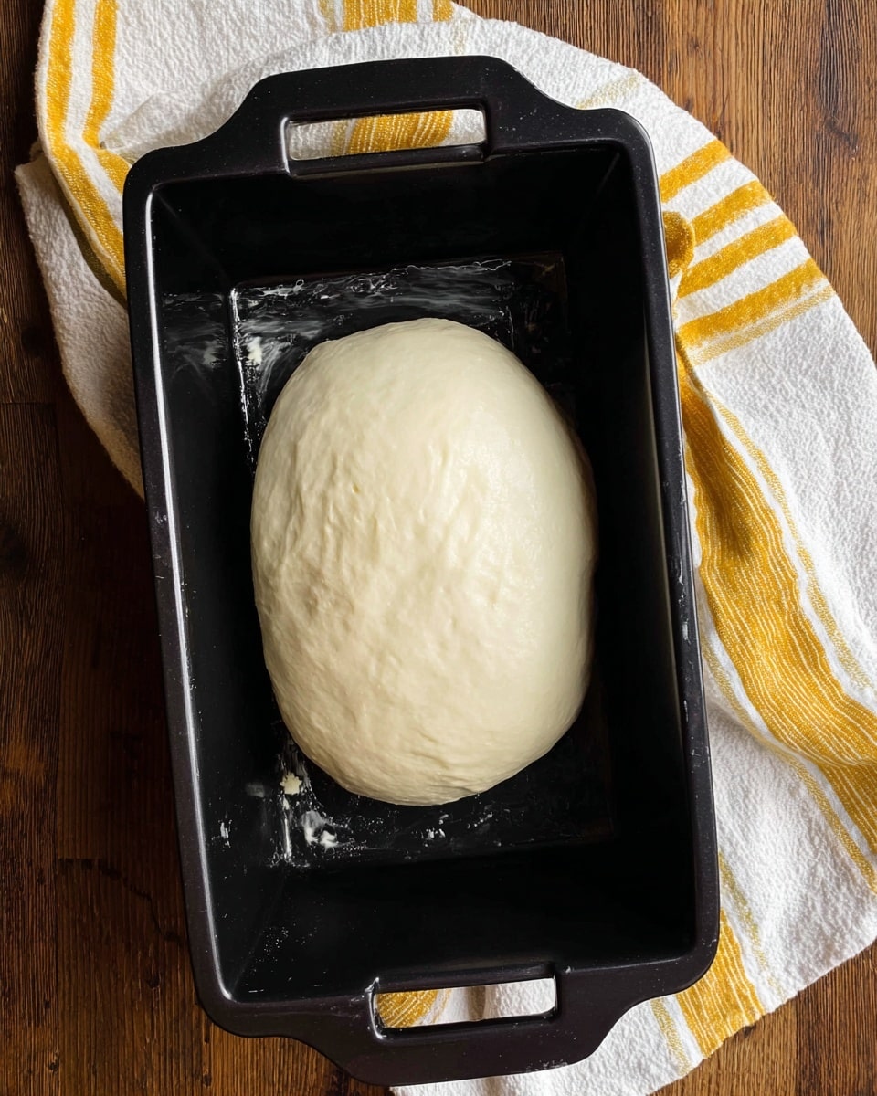 A smooth, pale dough ball sits in the middle of a black bread pan that is greased with a shiny layer of butter. The bread pan has a rectangular shape with cutout handles on both ends. The dough looks soft and slightly rounded on top, fitting neatly inside the pan. The pan is placed on a wooden surface next to a white cloth with mustard yellow stripes. The overall look is clean and ready for baking, photo taken with an iphone --ar 4:5 --v 7