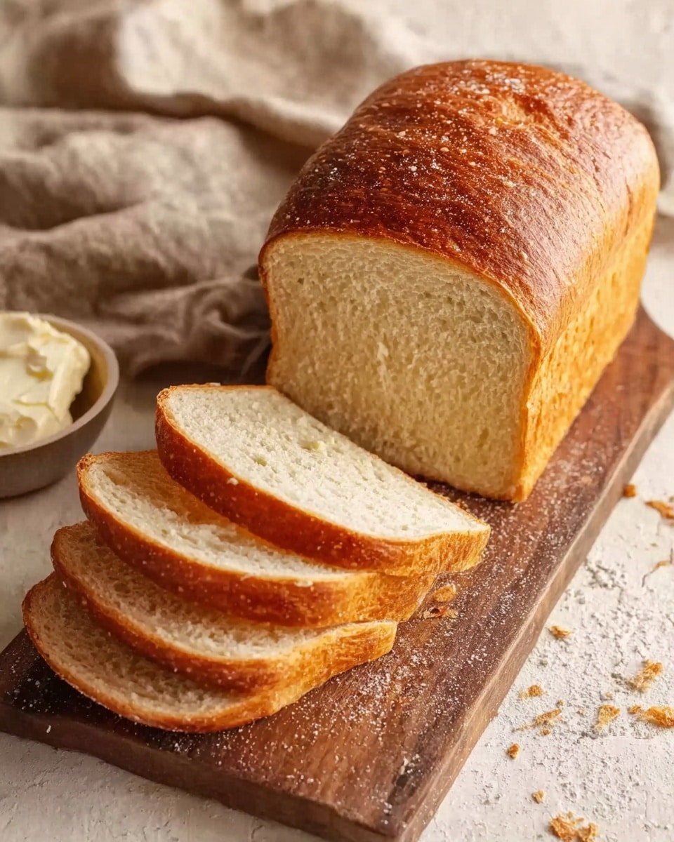 A loaf of bread with a golden brown crust is placed on a wooden board with a few crumbs around it. The loaf is sliced into five pieces, showing a soft, light beige inside with a slightly spongy texture. To the side, there is a small bowl with white butter, partially visible. The whole scene rests on a white marbled textured surface with a beige cloth in the background. Photo taken with an iphone --ar 4:5 --v 7