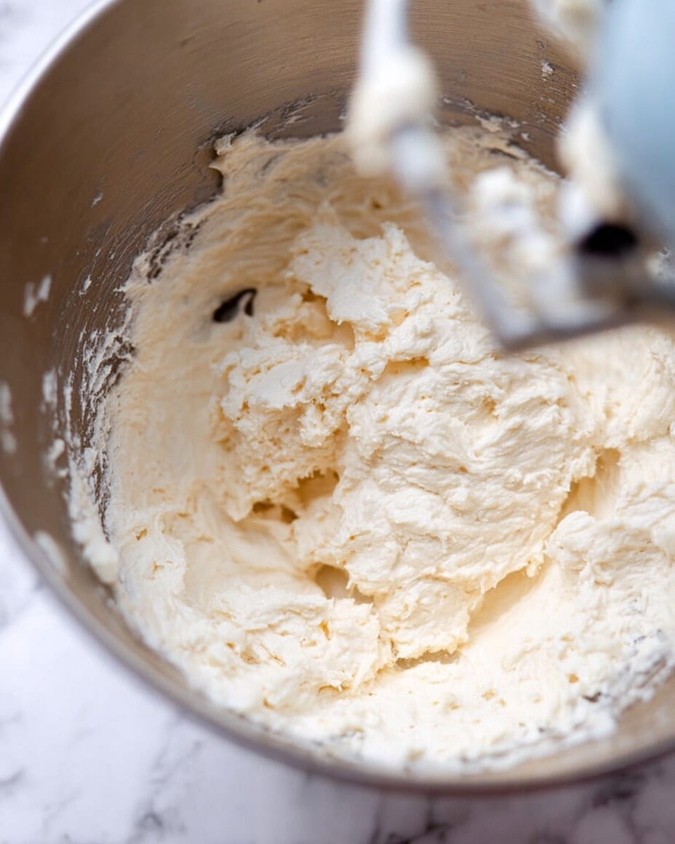 A close-up view of a metal mixing bowl containing a pale cream-colored, smooth and fluffy mixture with some soft peaks and clumps spread unevenly around the sides and bottom of the bowl. The texture looks light and creamy with a few small air pockets visible, and part of a mixing attachment is slightly blurred in the top right. The bowl rests on a white marbled surface. photo taken with an iphone --ar 4:5 --v 7